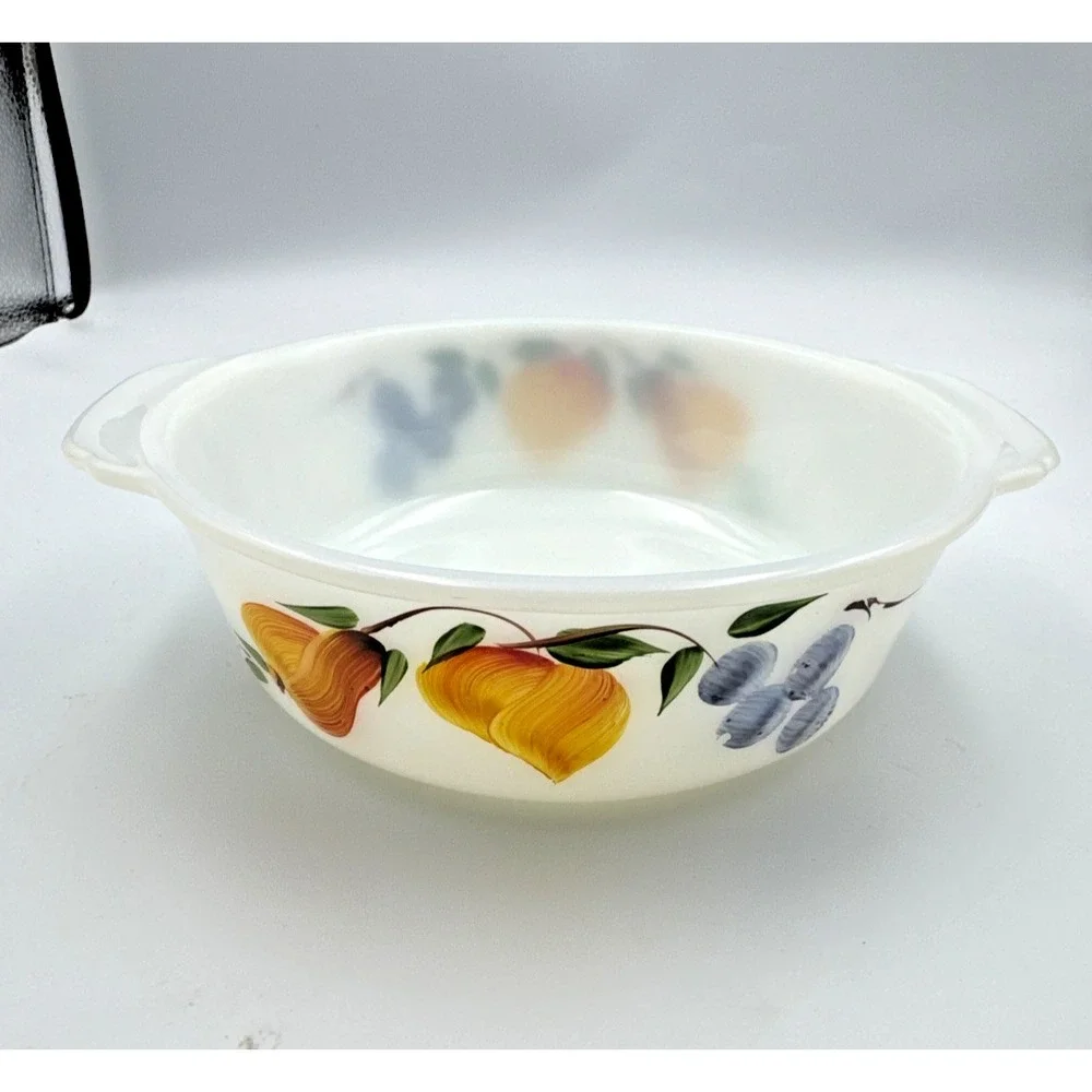 Fire King Anchor Hocking Gay Fad Fruit Pattern Milk Glass 8 Piece Set.‎